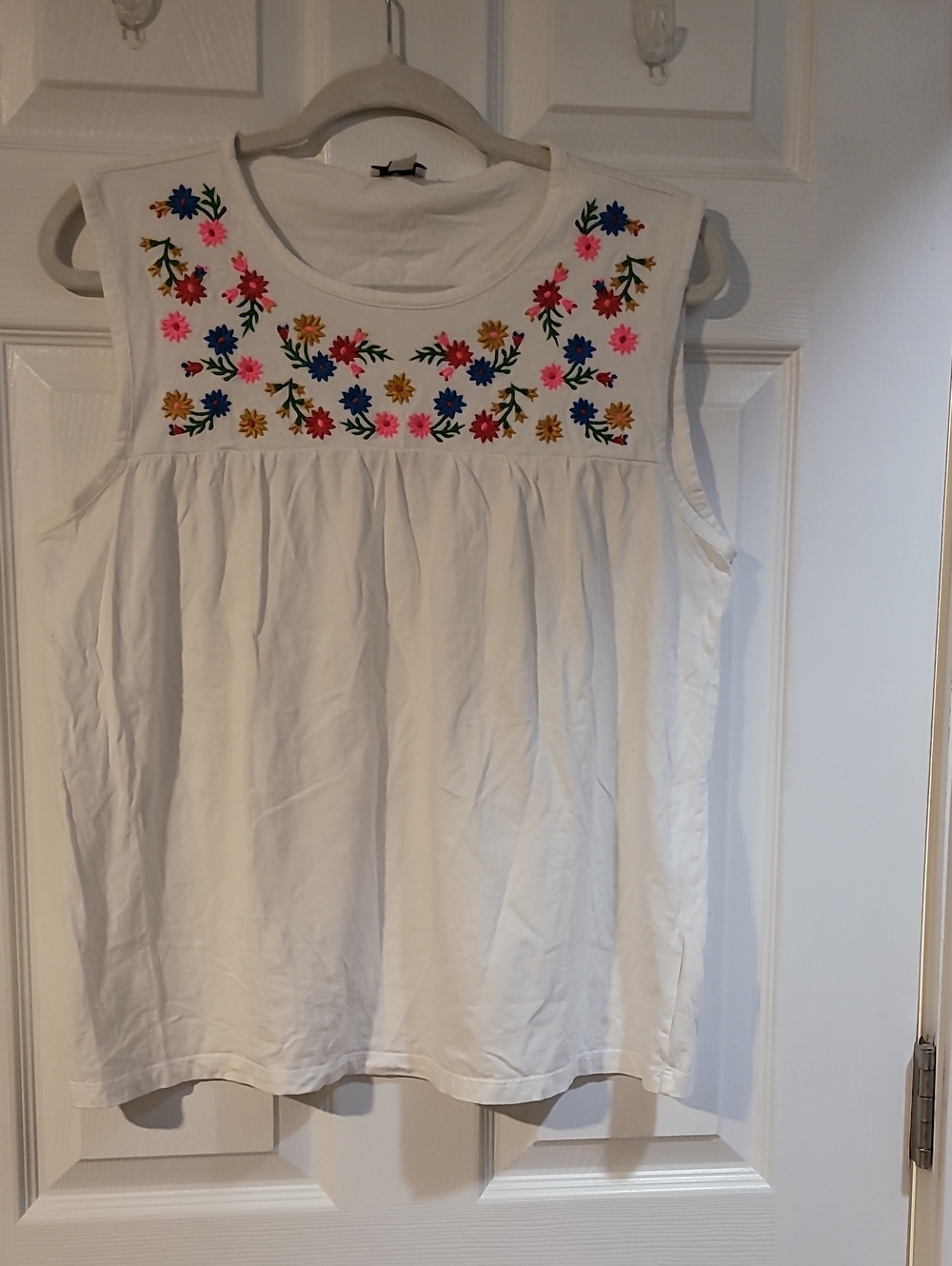 J. Crew White Sleeveless Tank with Multicolor Floral Embroidery